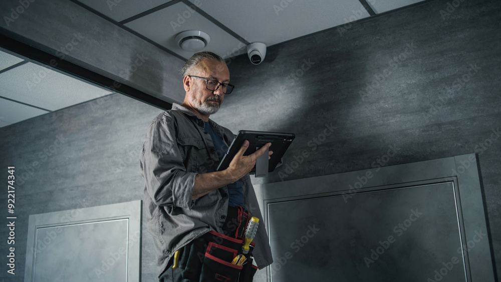 Male installer adjusts the angle of CCTV camera in office, sets up it using digital tablet computer with professional program. Monitoring and tracking. Security system, video surveillance and privacy. Male installer adjusts the angle of CCTV camera in office, sets up it using digital tablet computer with professional program. Monitoring and tracking. Security system, video surveillance and privacy.