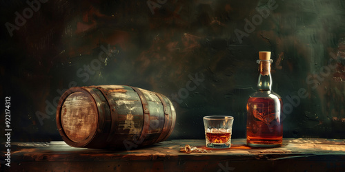 Bottle of rum with an aged look, beside a small barrel and glass photo