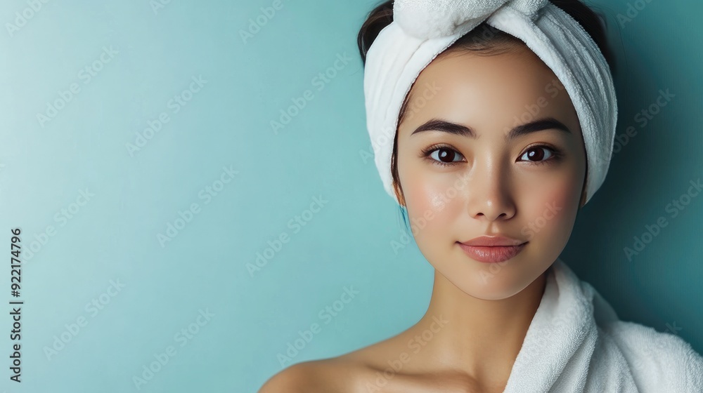 Asian woman with a towel wrapped around her head, her skin radiant and healthy, showcasing the results of a professional skincare treatment. Asian woman with a towel wrapped around her head, her skin radiant and healthy, showcasing the results of a professional skincare treatment.