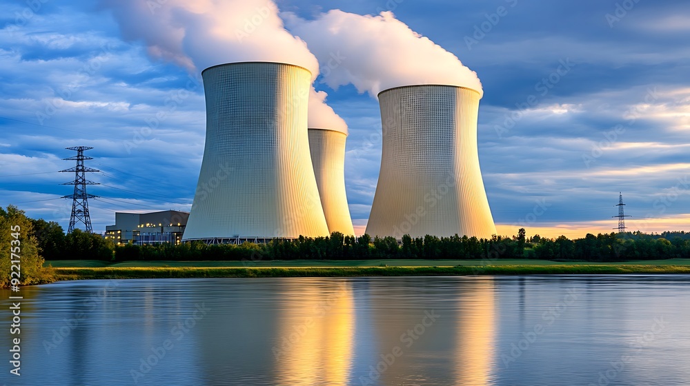 A serene sunset view of towering cooling towers reflecting in a calm river, surrounded by lush greenery and dynamic cloud patterns in the sky. A serene sunset view of towering cooling towers reflecting in a calm river, surrounded by lush greenery and dynamic cloud patterns in the sky.