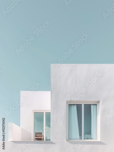 Contemporary Minimalist White House with Large Glass Doors and Veranda on Pastel Blue-Green Background