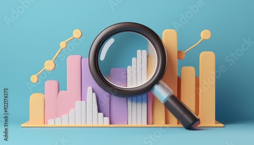 A colorful bar graph with a magnifying glass, representing data analysis and financial growth concepts. photo