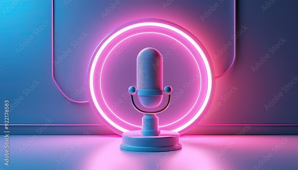 A vibrant neon microphone set against a futuristic background, perfect for audio and podcast themes. A vibrant neon microphone set against a futuristic background, perfect for audio and podcast themes.
