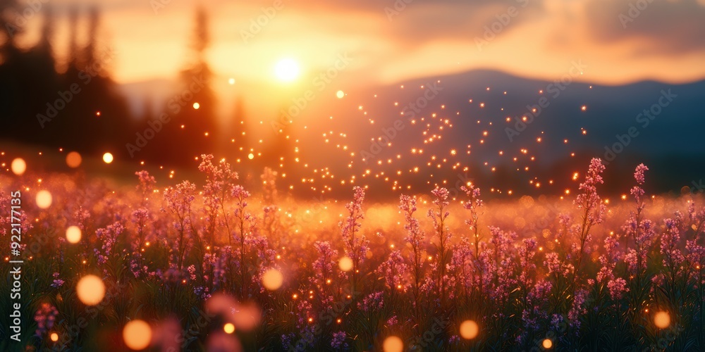 Naklejka premium Enchanting sunset over a meadow filled with wildflowers and glowing fireflies in a serene landscape