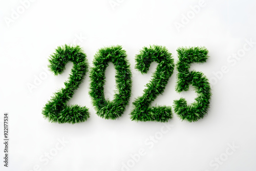 The number 2025 created from lush green grass on a white background symbolizing growth, nature, and the future