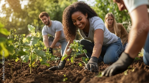 A diverse group of people planting trees in a community garden, symbolizing collective efforts in reforestation and combating climate change.