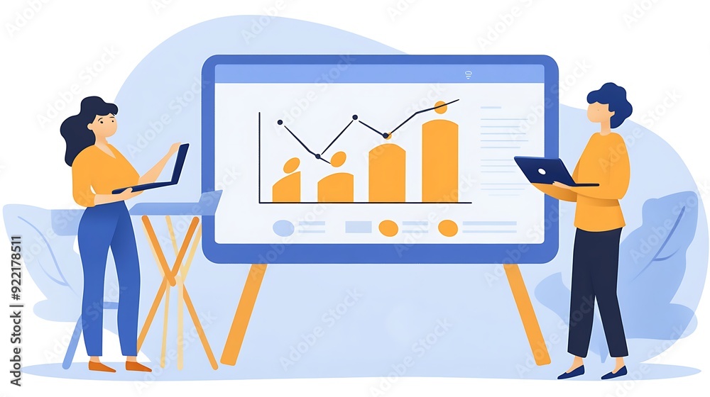 A female and male professional engaged in a business presentation, analyzing graphs and data on a large screen, showcasing teamwork and collaboration. A female and male professional engaged in a business presentation, analyzing graphs and data on a large screen, showcasing teamwork and collaboration.
