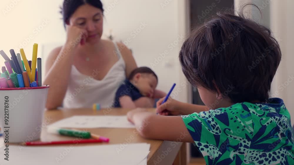 A mother watches over her child drawing during a homeschooling session, with art supplies scattered on the table, capturing the dedication to learning at home A mother watches over her child drawing during a homeschooling session, with art supplies scattered on the table, capturing the dedication to learning at home