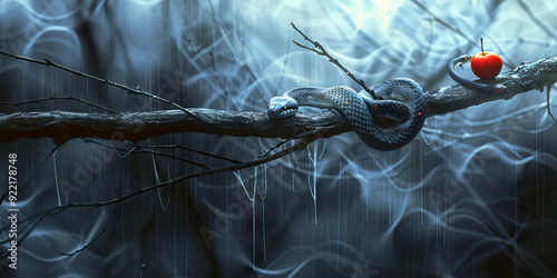 Bible. Old Testament. Creation. Genesis. The original sin, the forbidden fruit. Snake and red apple on tree branch.