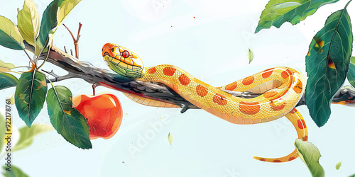 Bible. Old Testament. Creation. Genesis. The original sin, the forbidden fruit. Snake and red apple on tree branch.