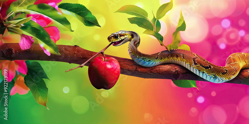 Bible. Old Testament. Creation. Genesis. The original sin, the forbidden fruit. Snake and red apple on tree branch.