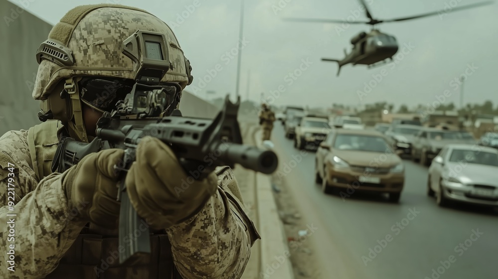 Soldier aiming a rifle during an operation in an urban area with a helicopter flying overhead Soldier aiming a rifle during an operation in an urban area with a helicopter flying overhead