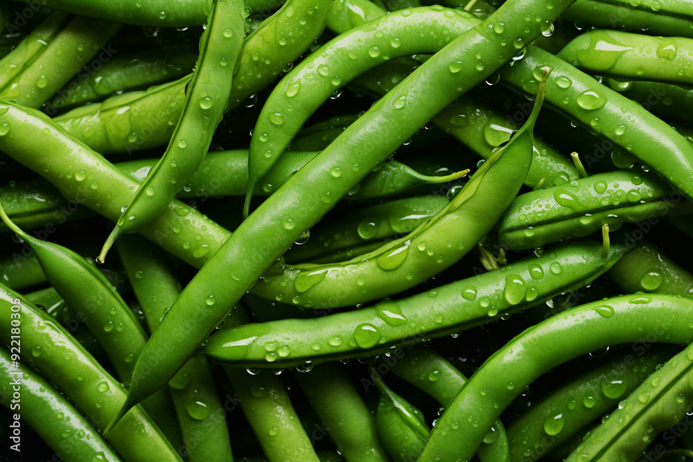 Fresh green beans with water drops background Fresh green beans with water drops background