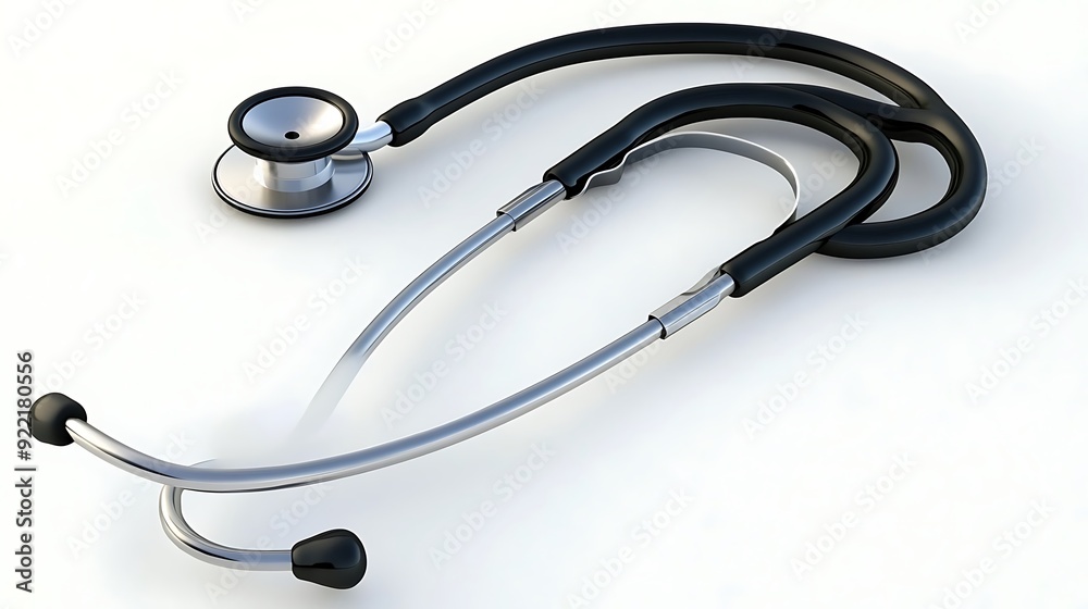A sleek, modern stethoscope with a shiny silver chest piece and black tubing, symbolizing healthcare and medical professionals. A sleek, modern stethoscope with a shiny silver chest piece and black tubing, symbolizing healthcare and medical professionals.