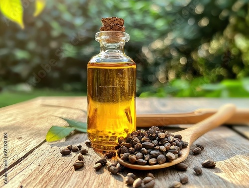 A bottle of golden castor oil sits beside a wooden spoon filled with castor seeds on a wooden table, symbolizing natural skincare and organic beauty. Ideal for concepts of health and beauty treatment.
