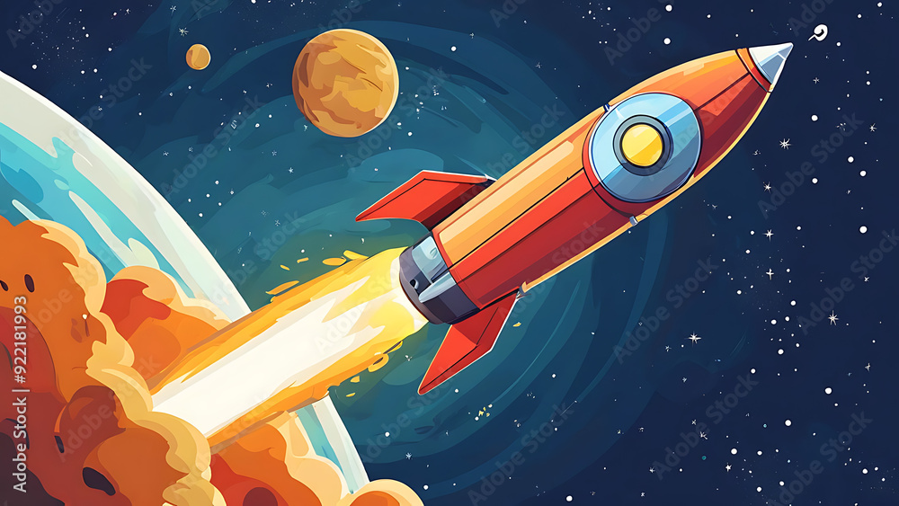 Naklejka premium Cartoon rocket orbiting a planet