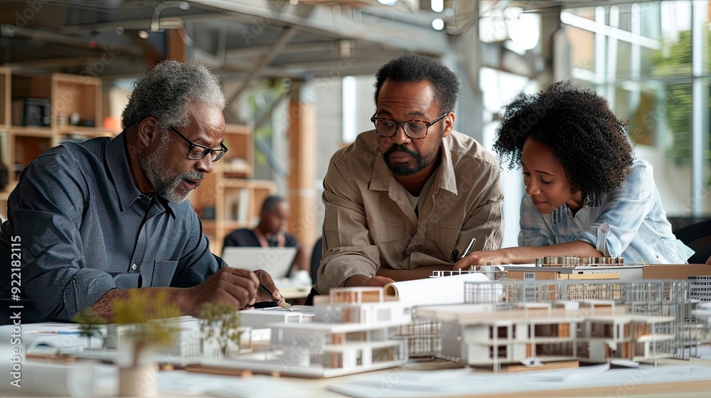 A diverse group of architects and engineers reviewing blueprints and models of a new building, showcasing the collaborative effort in construction planning A diverse group of architects and engineers reviewing blueprints and models of a new building, showcasing the collaborative effort in construction planning