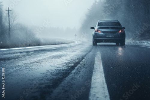 car on the highway, winter wet road, danger of an accident in rainy weather slippery asphalt