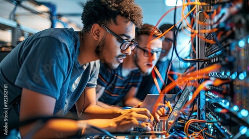 A team of IT professionals troubleshooting a network issue, with cables and laptops, demonstrating the importance of collaboration in tech support