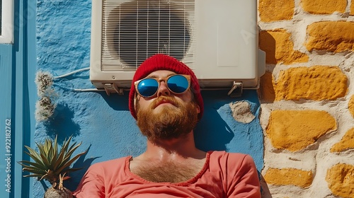 A relaxed man of Caucasian descent, sporting a red beanie and sunglasses, enjoys the warm sun against a colorful wall, embodying a carefree summer vibe. photo