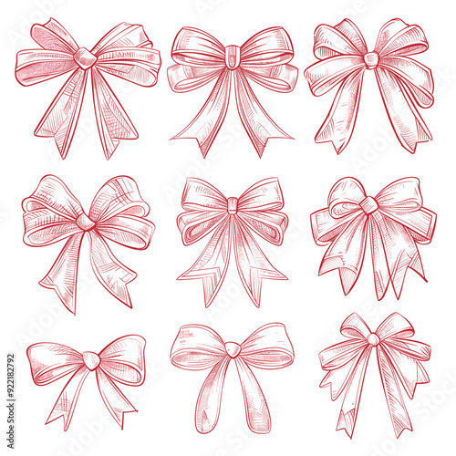 A variety of detailed pink bows on a white background.
