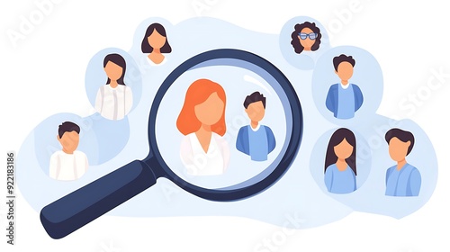 A diverse group of people depicted in a magnifying glass, highlighting teamwork and collaboration in a professional setting. The main focus is a woman with red hair. photo