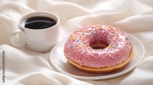 Pink Glazed Donut and Coffee on a White Bed