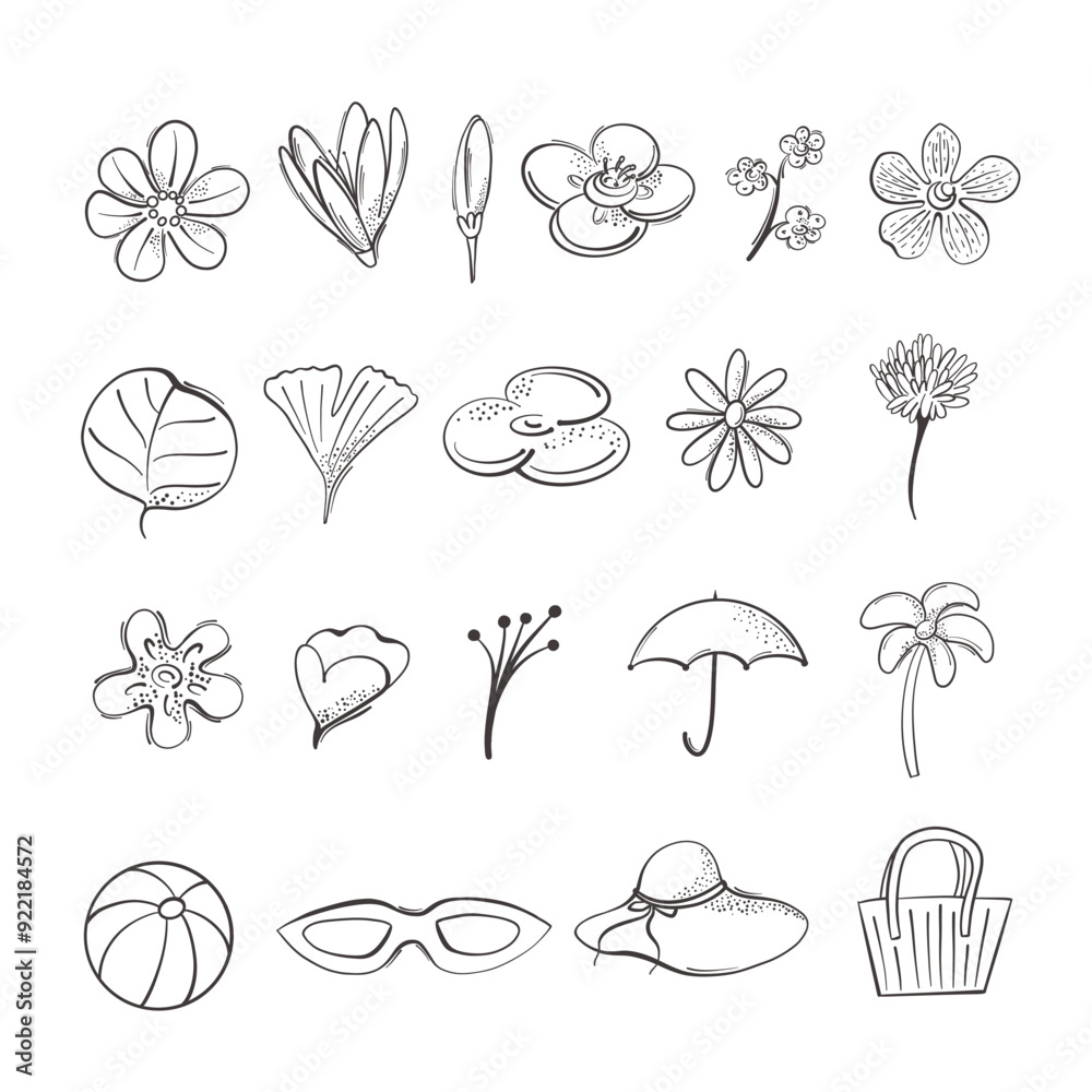 Set of line black summer flowers and things elements. Isolated. Icon. Vintage style Set of line black summer flowers and things elements. Isolated. Icon. Vintage style