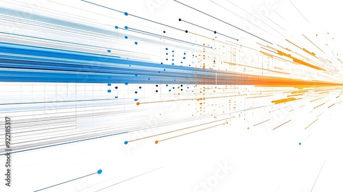 Abstract digital artwork featuring dynamic lines in blue, orange, and gray, creating a sense of motion and energy. A modern design suitable for tech themes. photo