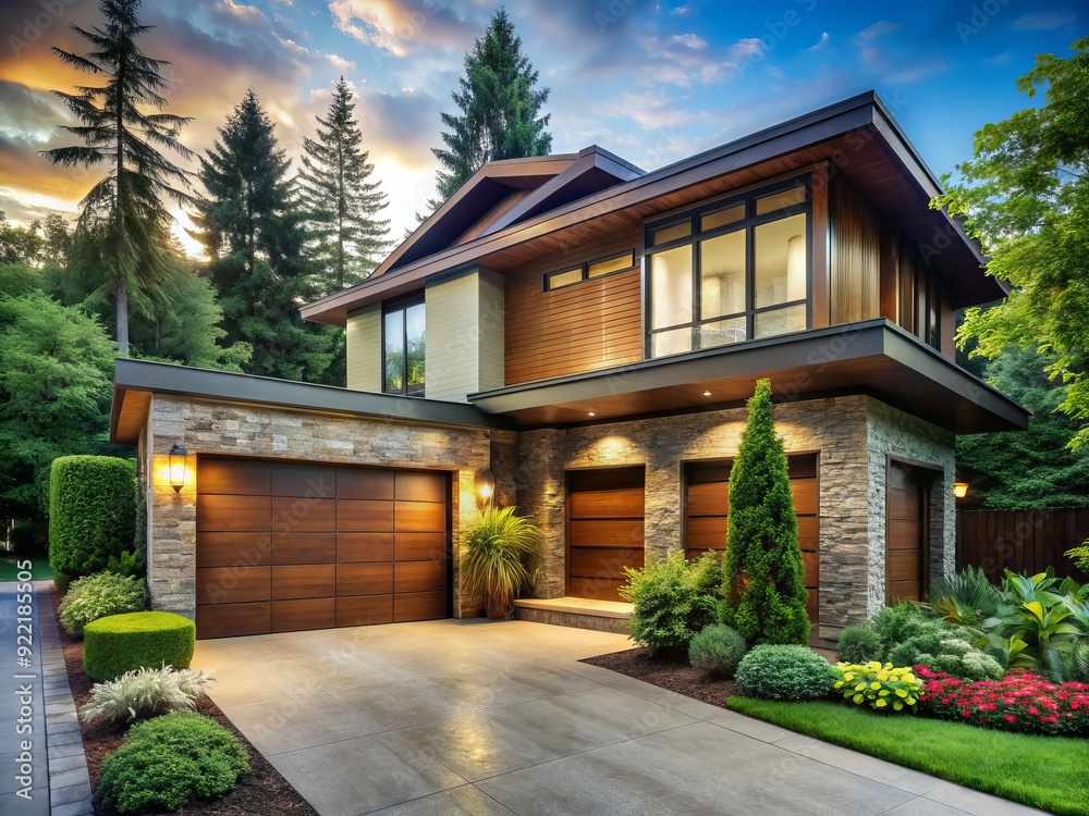 Fototapeta premium Suburban Sanctuary: Tranquil, cozy, natural wood, lush greenery, modern garage