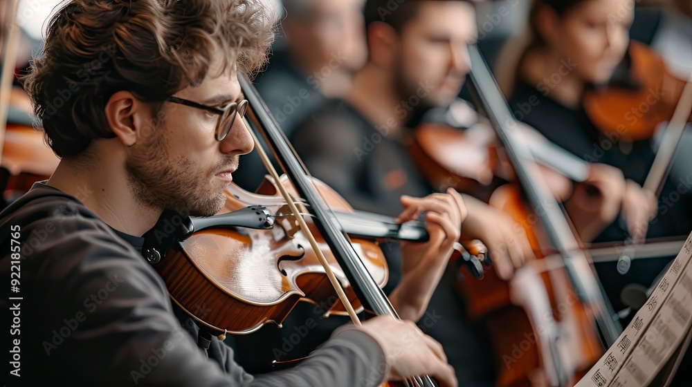 Fototapeta premium Musicians composing a new piece together, with instruments and sheet music, showcasing the creative process in music