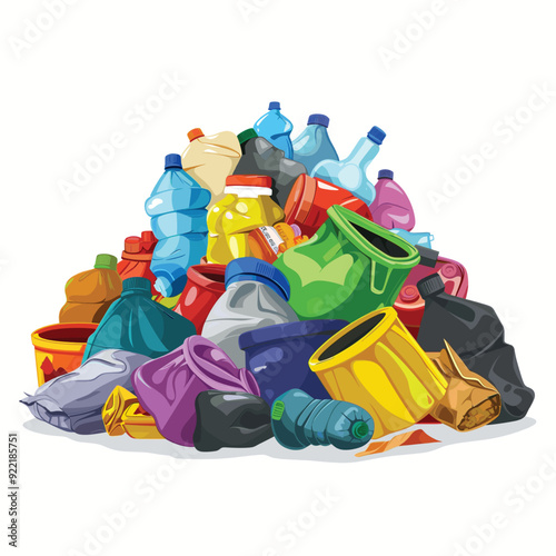 Colorful cartoon illustration of plastic bottles and recycling bins.
