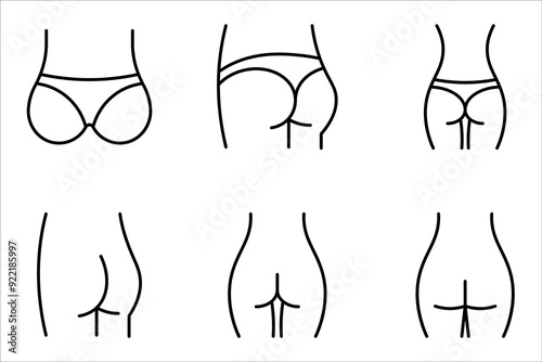 Female buttocks icon set, butt or ass line art, buttock augmentation vector illustration on white background
