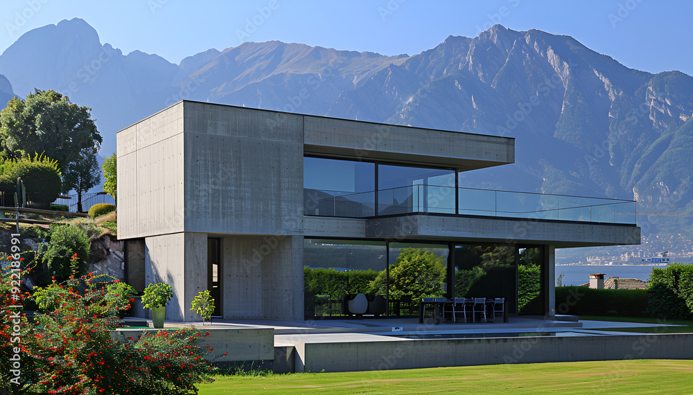 Beautiful modern house in cement, view from the garden Beautiful modern house in cement, view from the garden