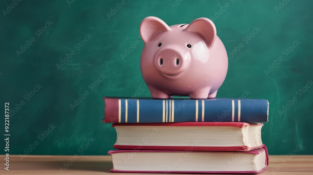Piggy Bank on Books with Green Chalkboard Background Piggy Bank on Books with Green Chalkboard Background