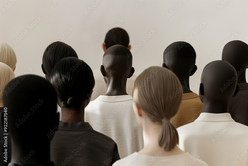Obraz premium A diverse group of people seen from behind. The contrast between light and dark skin tones, the diversity within the group. Simplicity, human connection and shared experience.