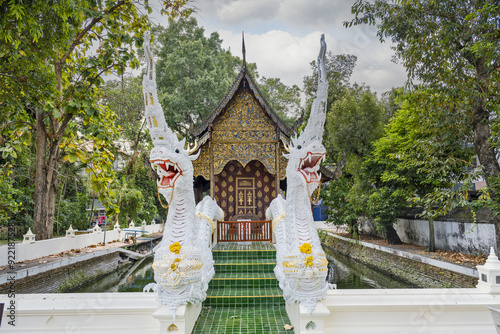 statues of nagas in front of Ho Trai, the Temple Library (scripture depository) of Wat Chiang Man, Chiang Mai, Thailand photo