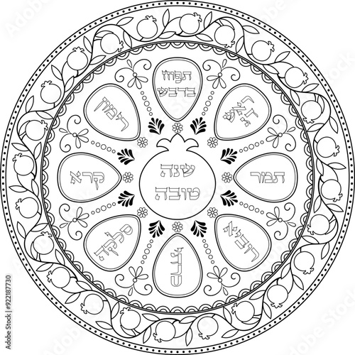 Jewish new year black outline dish plate illustration with hebrew titles Apple in honey;fish head;date;