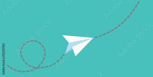 A white paper airplane with two dotted curved lines coming from the front and back