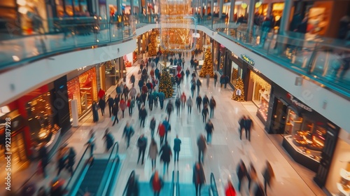 A blurred motion shot of a busy shopping mall, showcasing the rapid movement of people through its sleek, brightly lit interiors. This dynamic scene highlights the lively atmosphere.