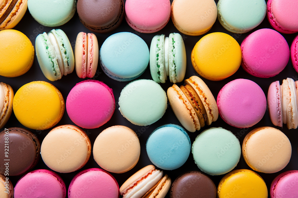 Fototapeta premium Colorful french macarons background, top view