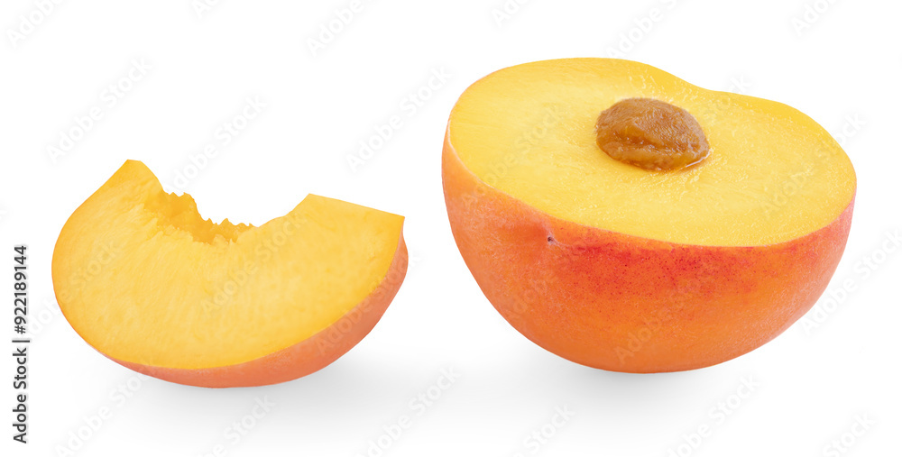 Ripe red peaches with juicy peach slice or wedge isolated on white background. Ripe red peaches with juicy peach slice or wedge isolated on white background.