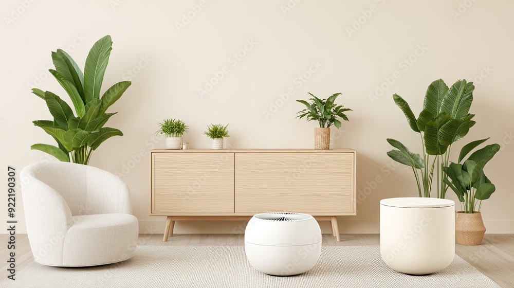 A stylish living room features a cozy sofa, a white fan, and vibrant potted plants, creating a refreshing atmosphere perfect for summer A stylish living room features a cozy sofa, a white fan, and vibrant potted plants, creating a refreshing atmosphere perfect for summer