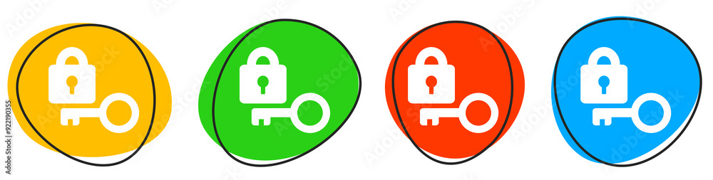 4 bunte Icons: Schlüssel und Schloss - Button Banner