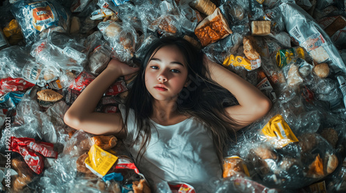 A young woman, with long brown hair and pale skin, lies amidst a chaotic array of food and empty packaging.  photo