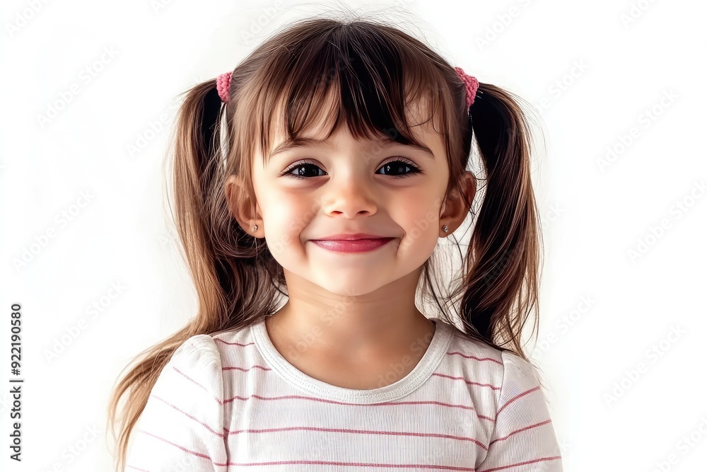 A playful young girl with pigtails smiling warmly against a bright white background A playful young girl with pigtails smiling warmly against a bright white background