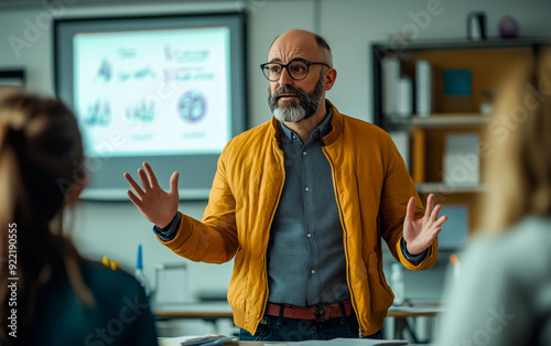 A dynamic male professor, sporting a casual attire of jeans and a yellow jacket, passionately engages students in a university classroom. Utilizing visual aids on a screen photo