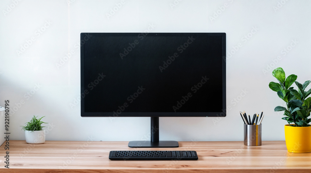 Minimalist workspace with a modern desktop computer, wooden desk, and indoor plants creating a clean and organized work environment with natural decor elements. Minimalist workspace with a modern desktop computer, wooden desk, and indoor plants creating a clean and organized work environment with natural decor elements.