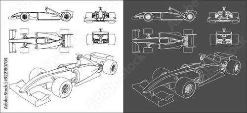 set of formula 1 car. F1  line art draw blueprint wireframe from all side view. isolated on transparent background 
