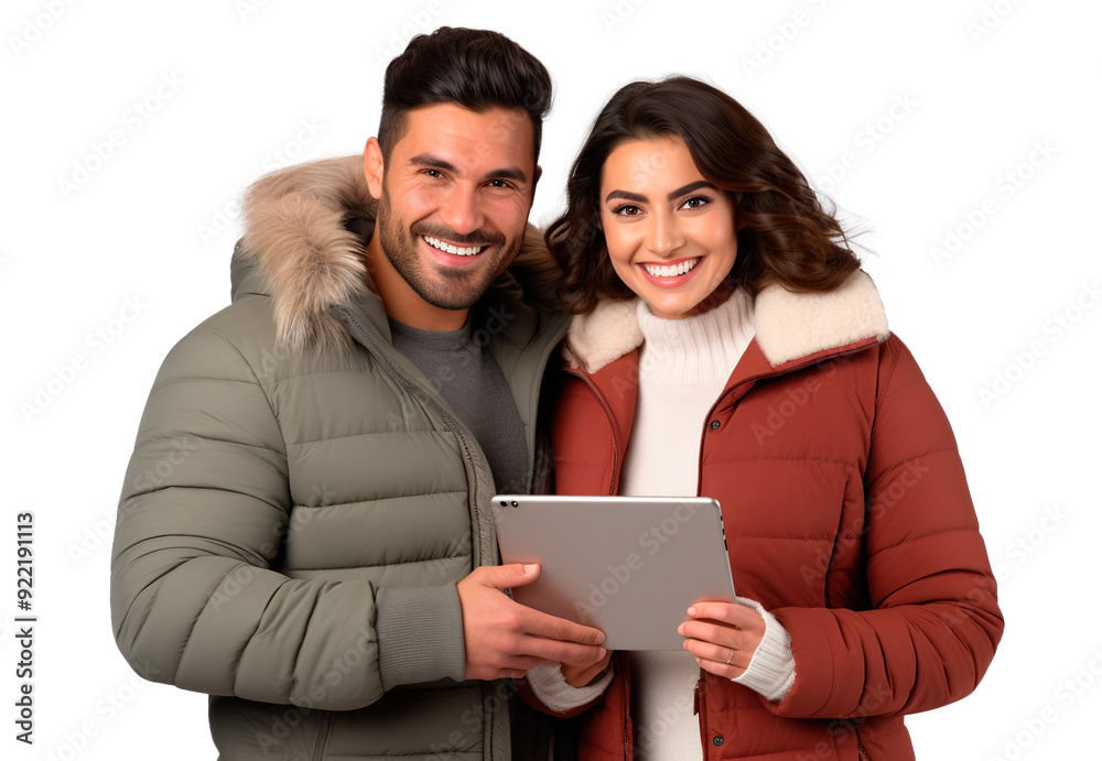 Latin American young couple using digital tablet and wearing winter clothes Latin American young couple using digital tablet and wearing winter clothes